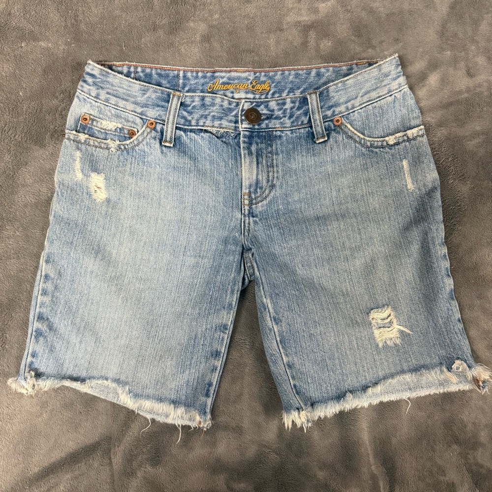 American Eagle Outfitters Light Blue Distressed Bermuda Denim Shorts